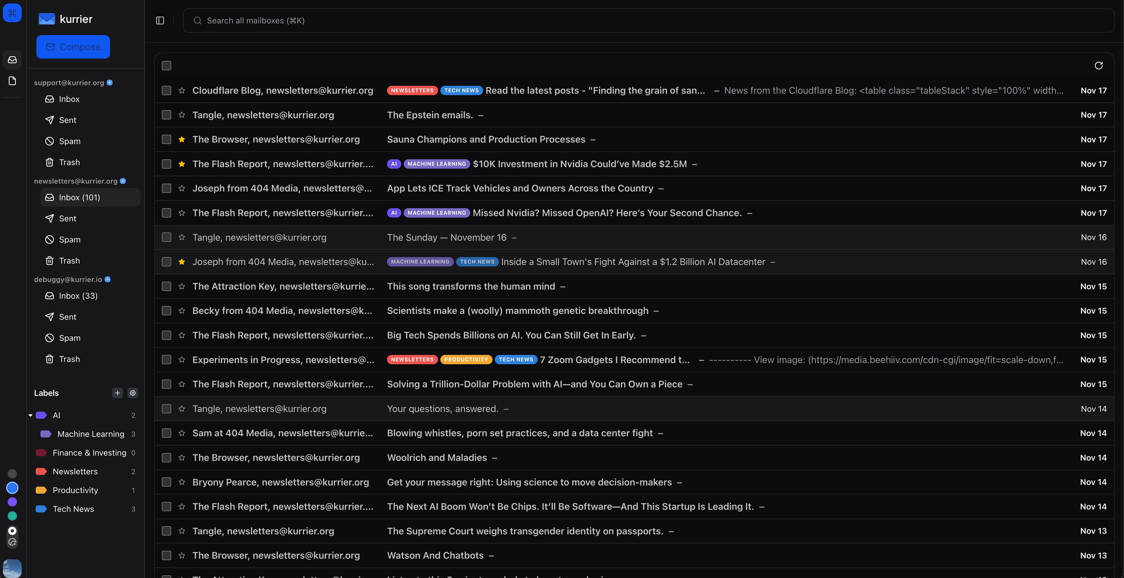 Kurrier dashboard preview (dark)