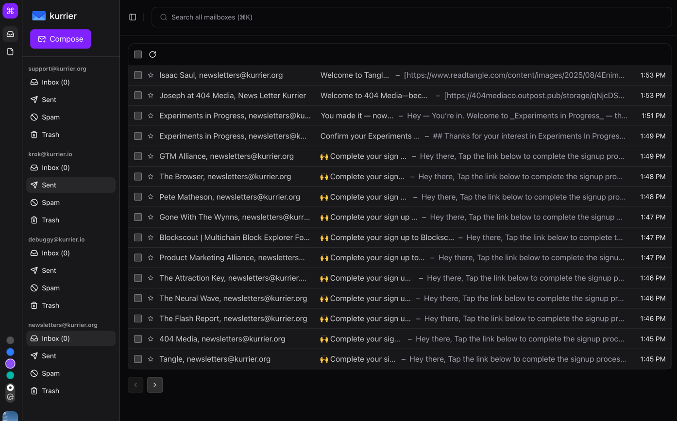 Kurrier dashboard preview (dark)